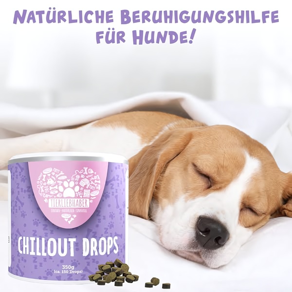 A clean, minimalist product creative showing dog calming drops positioned next to a sleeping puppy to convey immediate product benefits.